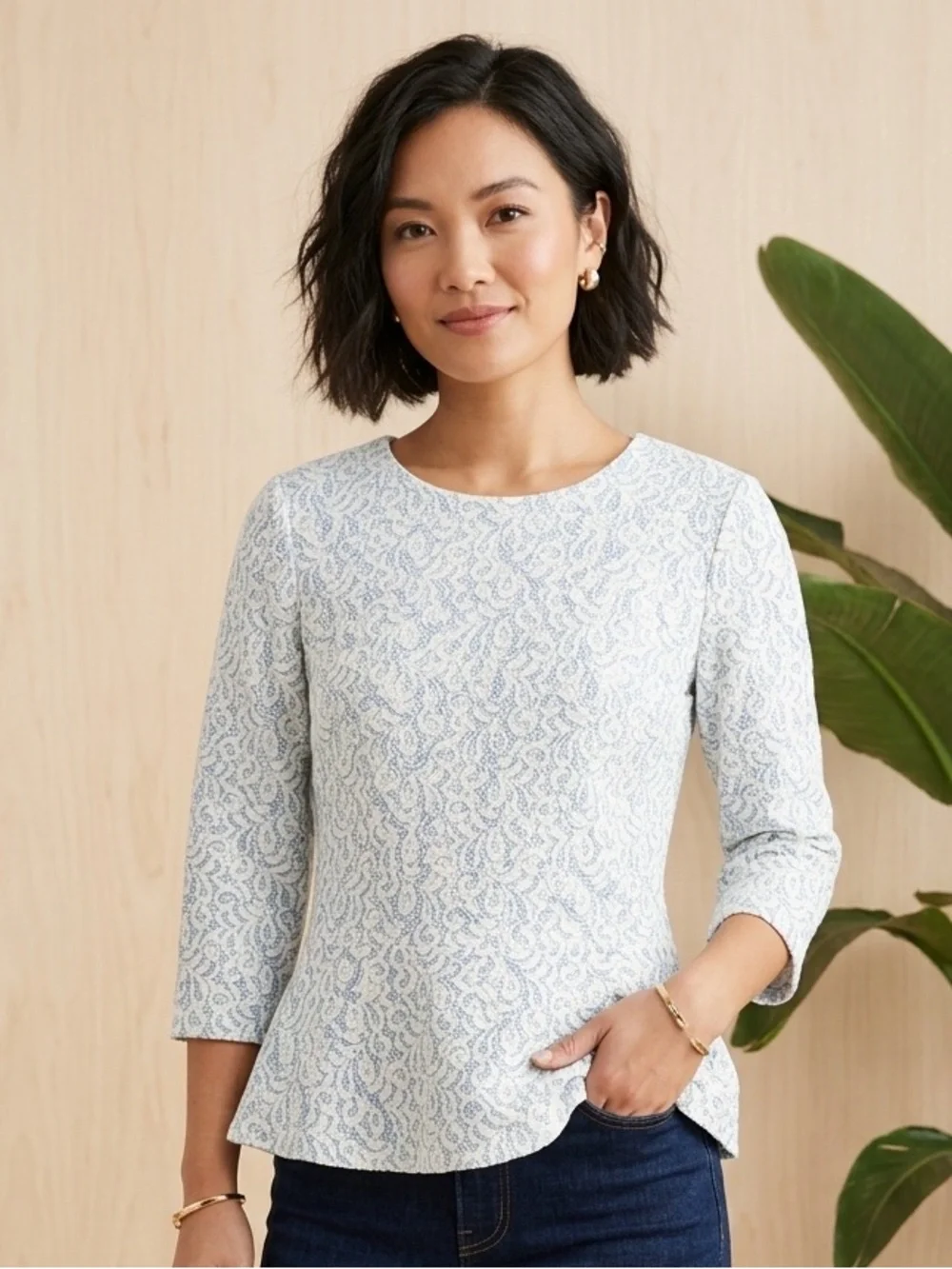 J.Crew Blue Ivory Lace Peplum 3/4 Sleeve Top XS